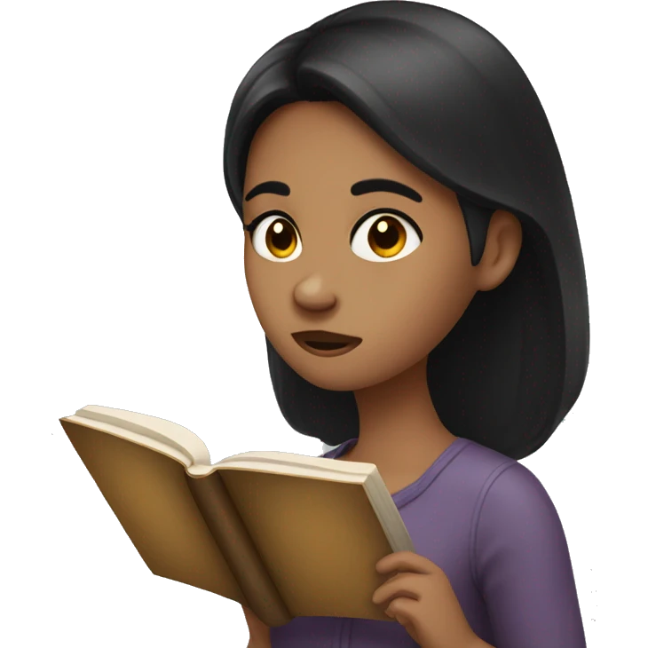 A girl with dark hair stuck her forehead in a book emoji