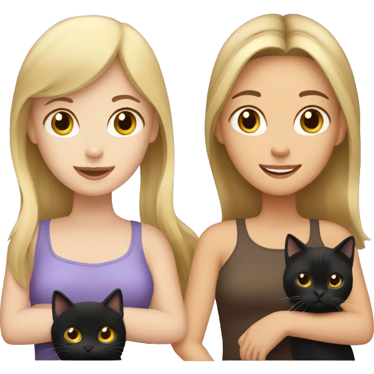 blonde girl holding black cat, brunette girl holding brown cat emoji