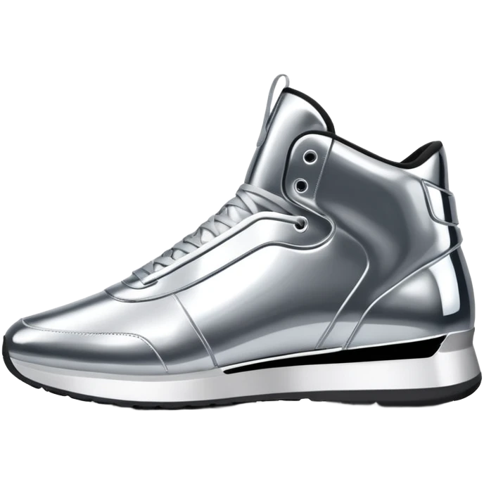 A pair of futuristic sneakers emoji made of silver chrome, sleek streetwear design, smooth metallic panels, subtle reflections, luxury swag aesthetic, iOS emoji style, centered, clean white background emoji