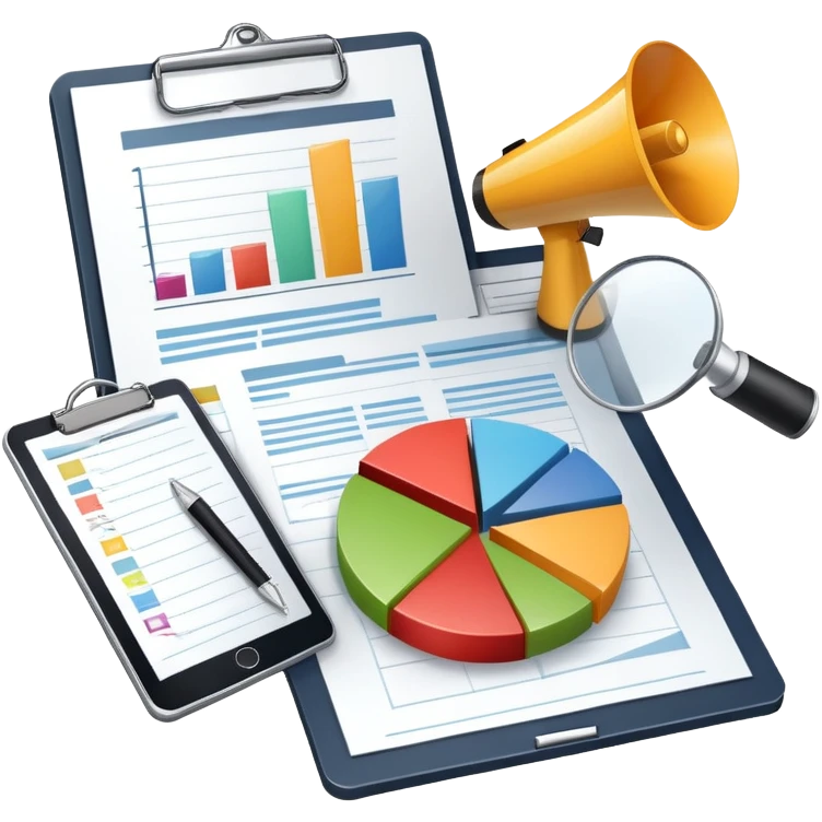 An icon featuring a pie chart, a megaphone, and a clipboard with strategy plans, symbolizing management and marketing. The design includes upward-trending graphs set against a modern office backdrop. Transparent background emphasizes business strategy and communication. emoji