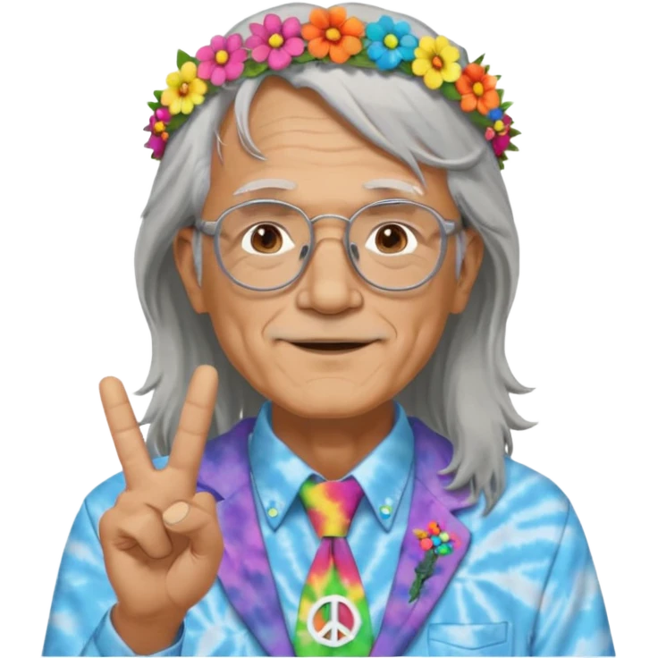 elderly man with long grey hair, glasses, peace sign necklace, tie-dye clothing, flower crown emoji