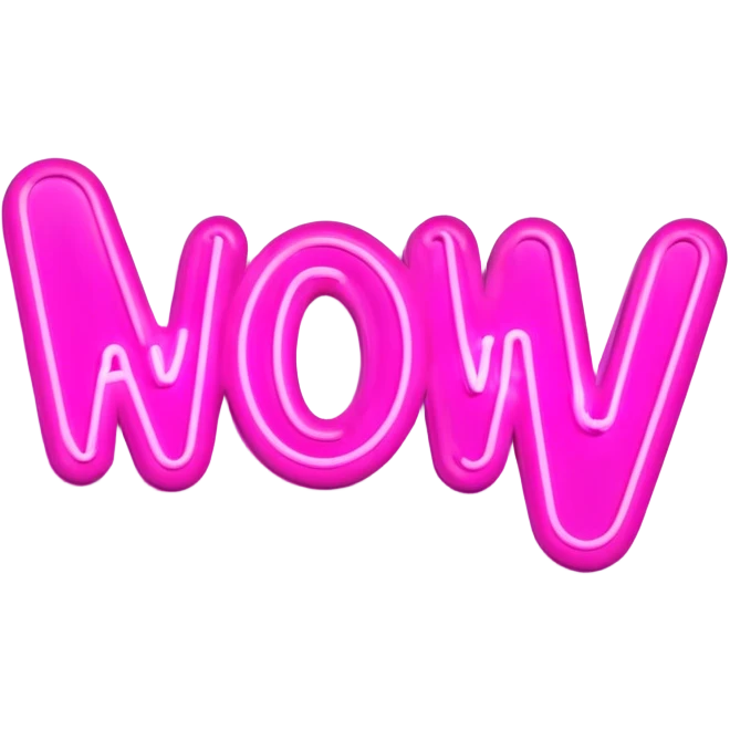 Pink neon sign with the word WOW emoji