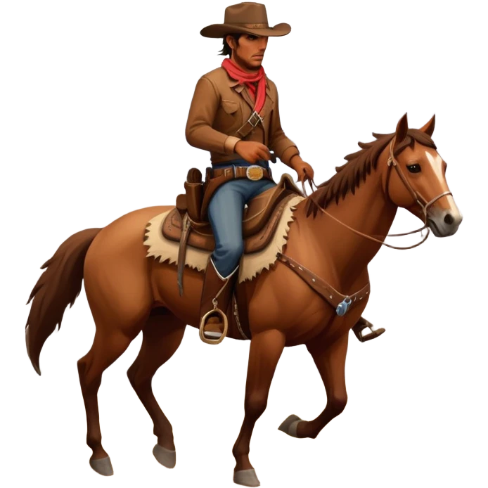 An icon representing an adventure game, inspired by Red Dead Redemption II. The design features a rugged cowboy riding a horse through a vast, open landscape with mountains, deserts, and wild animals. The atmosphere conveys exploration, action, and the thrill of the journey. Transparent background emoji