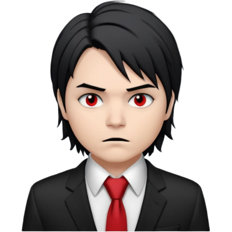 Gerard Way (Revenge Era)
Round, simplified emoji style
Pale skin tone
Jet-black, shoulder-length hair messy and emo
Heavy eyeliner and slight red shadow under the eyes
Subtle serious
Hint of red tie visible on black button up shirt.
Transparent background. Black eyeliner. Messy emo hair emoji