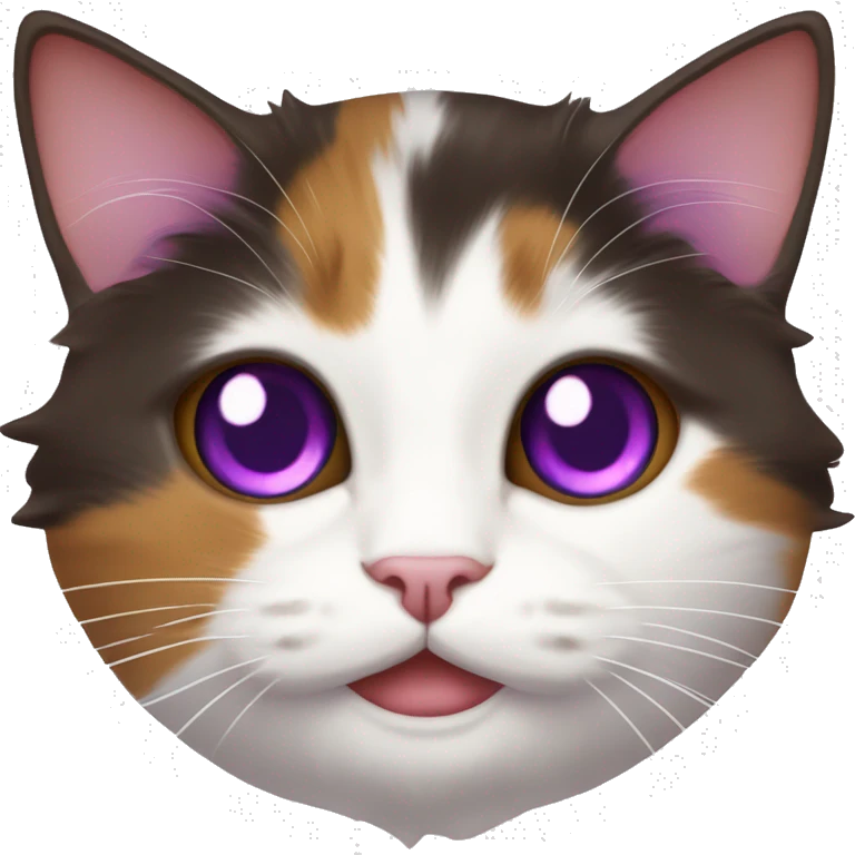 Calico cat with purple eyes and white pupils, dark brown, red, and white color, Munchkin fluffy cat, purple eyes emoji