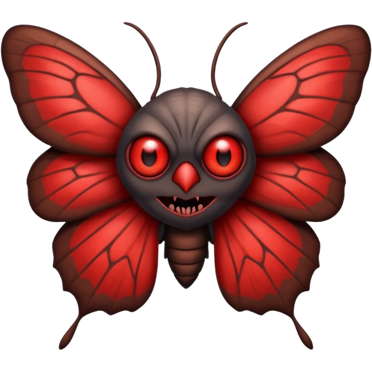 Create a scary emoji of the Mothman with bright red eyes and as depicted in the legend. Make it less bird like and more Moth / Human hybrid emoji