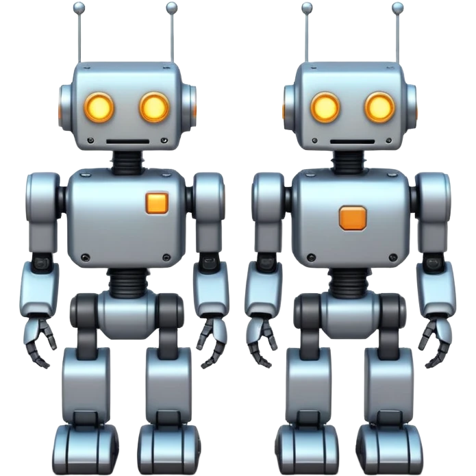 Two cute mini pixel-art robots standing side by side, slightly leaning toward each other in a friendly pose, shoulder to shoulder, soft friendly f pixels between robots, cinematic space backfi atmosphere, volumetric lighting, soft bloom effect, high detail, ultra clean render, centered  emoji