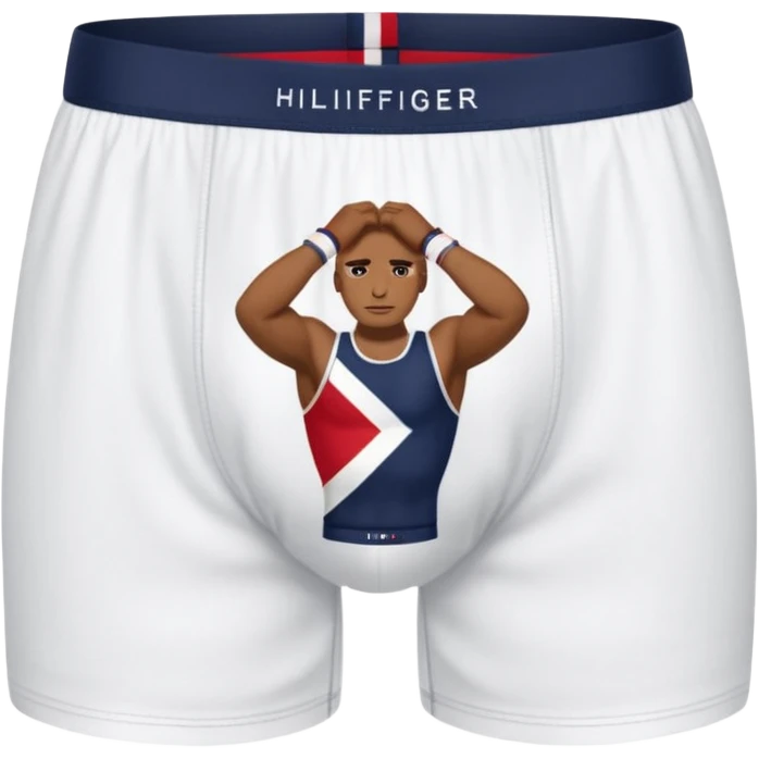 Rapaz branco cabelos escuros usando cueca Boxer Tommy Hilfiger emoji