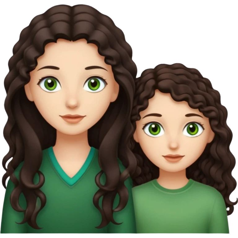 Two besties: 1: long ironed straight darkbrown hair, green eyes 2: long curly darkbrown hair, brown eyes emoji
