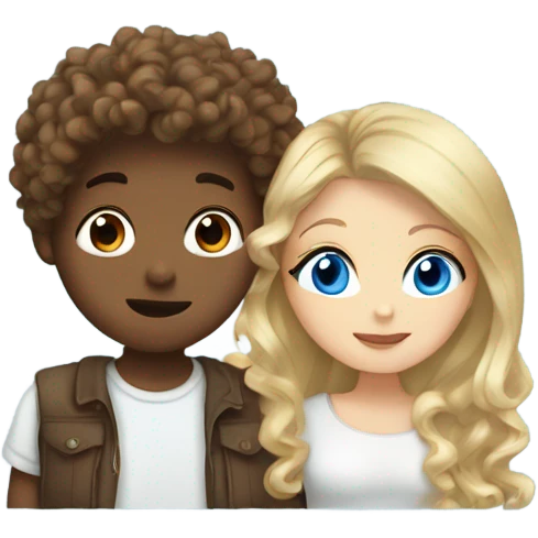 straight blonde hair blue eyed girl kissing mixed boy with curly brown hair emoji