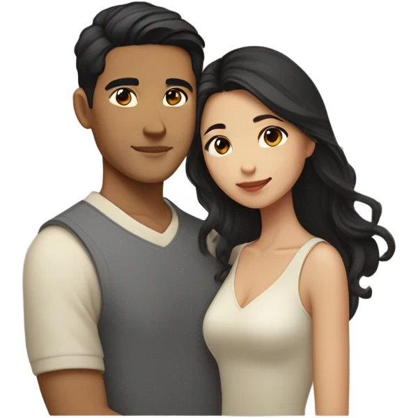 A half pale Asian man with short dark hair and amber eyes embracing and loving a half Asian woman with long wavy dark hair and dark hazel eyes. They love each other a lot And have good fashion taste. emoji