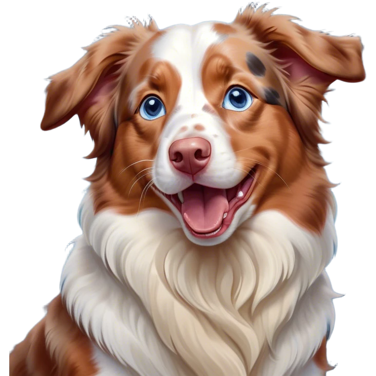 Cinematic Cute Yawning Predominantly White Red Merle Australian Shepherd Portrait Emoji, Head tilted slightly with a dramatic, wide-open yawn, predominantly white fur with hints of red merle, floppy ears slightly drooping, round blue eyes barely open in drowsy contentment, Simplified yet irresistibly adorable features, highly detailed, glowing with a soft, cozy glow, high shine, relaxed yet expressive, stylized with a touch of whimsy, bright and endearing, soft glowing outline, capturing the essence of a sleepy yet affectionate pup, so drowsy it feels like it could stretch right out of the screen and curl up for a nap! emoji