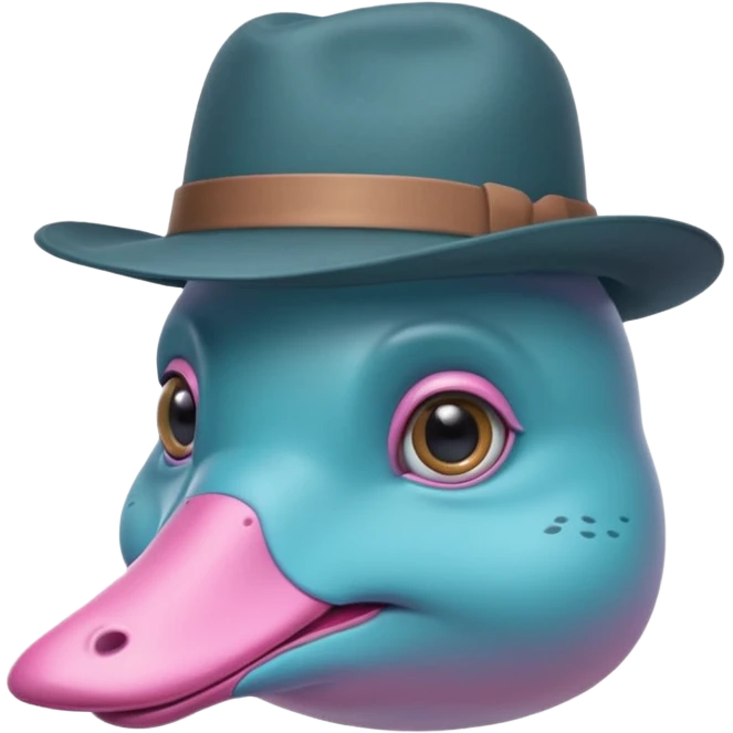 cute light blue turqiouse platypus head, mysterious with very big eyes with a detective hat and monocle on his eye, no  hands, looks like a platypus but blue, the hat and suit are pink emoji