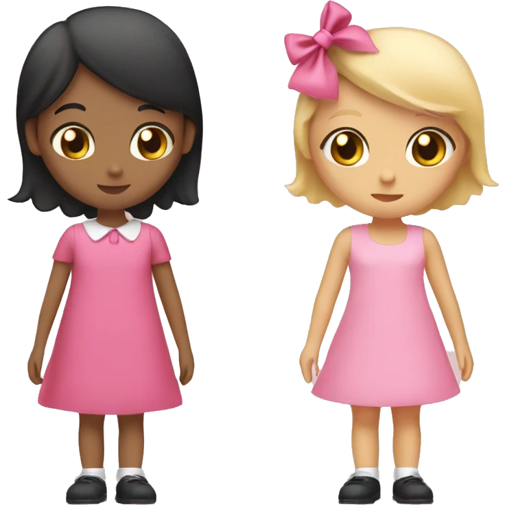Two girls kissing one girl is blonde and is wearing a pink dress she has black hair and a pink bow the other girl is white and has brown hair with a pink bow and she wears a pink dress emoji