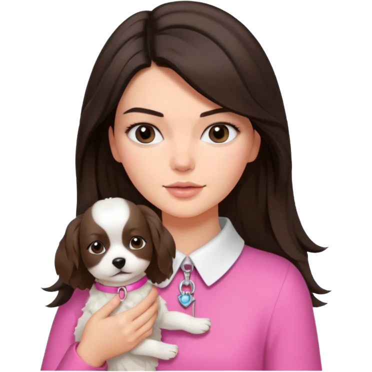 brunette woman with flowing hair Kendall Jenner lookalike holding a small white dog with a pink collar emoji