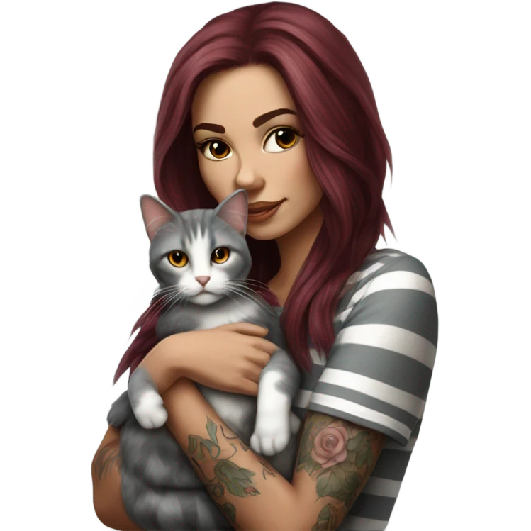 Beautiful burgundy haired tattooed woman holding gray and white striped long hair cat emoji