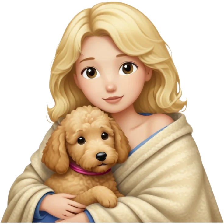 blonde girl snuggling goldendoodle in her lap under blanket emoji