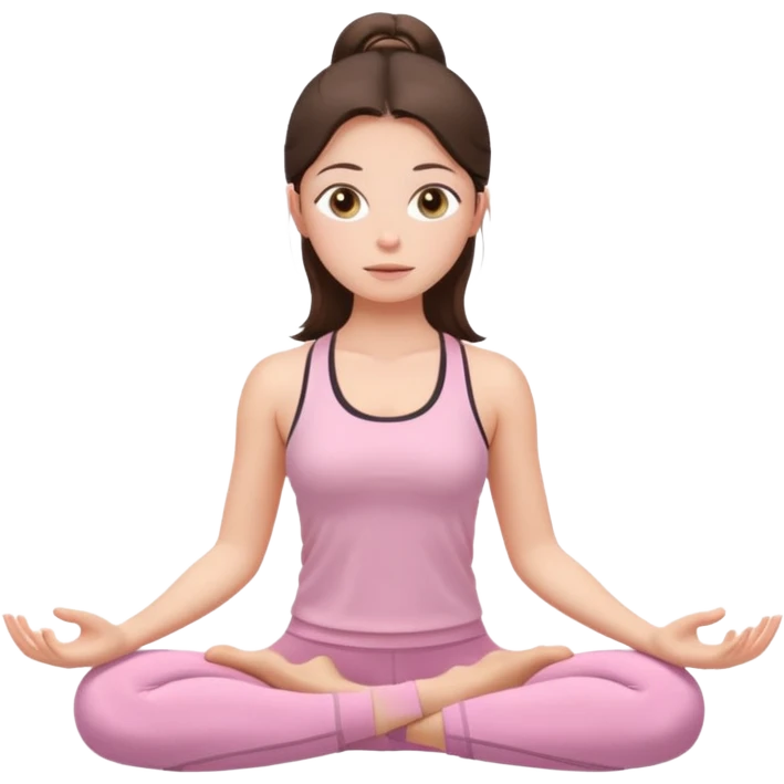 white brunette girl in light pink workout clothes with hazel eyes meditating emoji