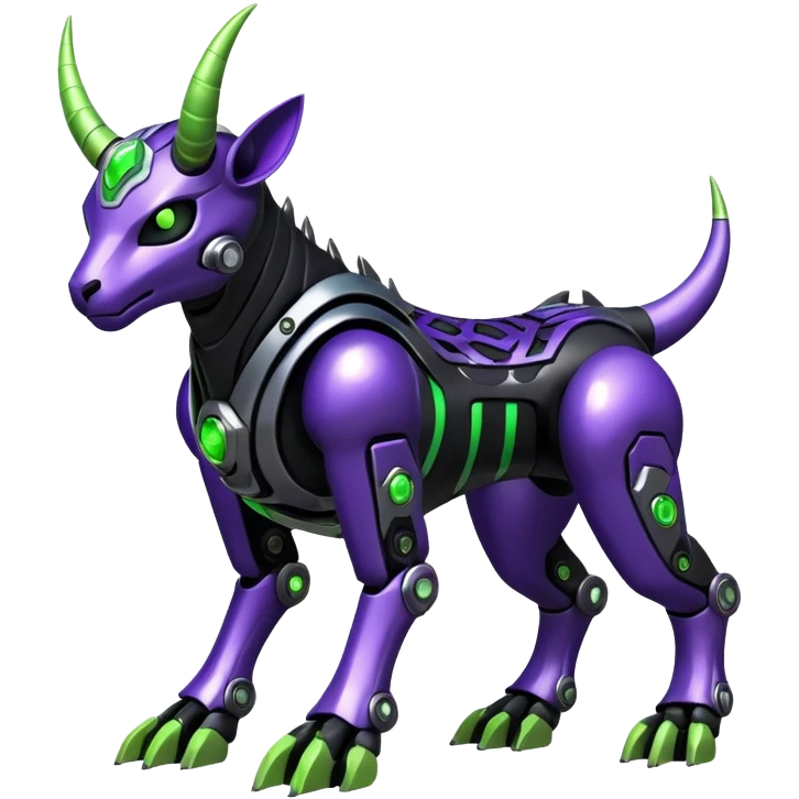 Futuristic mechanical cyborg horned modern badass cool shiny metallic alloy black-obsidian purple neon-green white lime animal hybrid Fakemon full body with intricate patterns emoji