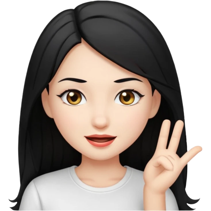girl with long ash black hair, gray eyes, white shirt, winking emoji