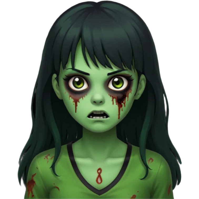 faça uma garota na forma de zumbi com a pele verde, assustada e com os olhos pretos escuros, com o cabelo preto longo e com franja e a roupa decotada preta emoji
