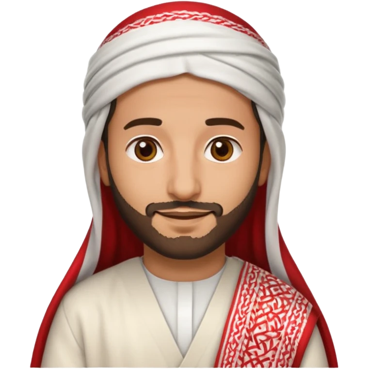 detailed iPhone-style emoji of a Saudi man, soft cartoon face, short beard, brown eyes, calm smile, in white thobe and red-and-white shemagh with black agal, both hands visible emoji