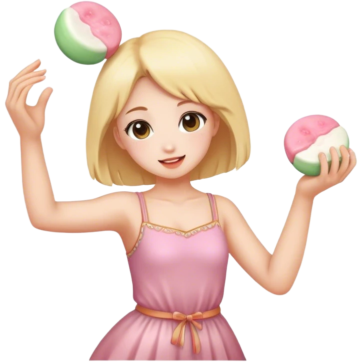 A girl dancing with mochi in her hand emoji
