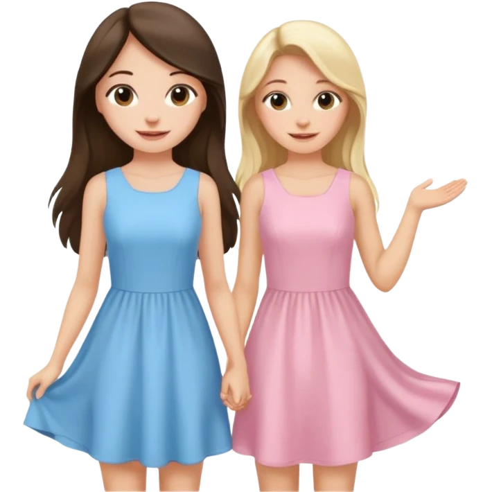 happy long hair brunette girl in light pink dress and blonde girl in light blue dress emoji