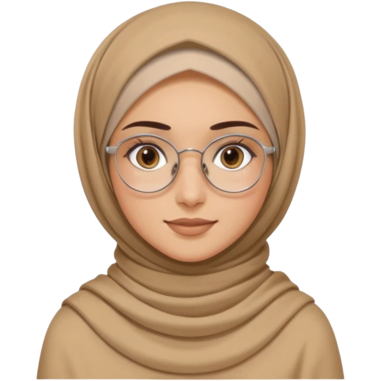 young woman with wheat-toned skin, dark brown eyes, slightly thick natural eyebrows, long eyelashes, wearing a soft beige hijab and thin silver round glasses, gentle warm smile, minimal makeup, modest brown top, subtle gold layered necklace emoji