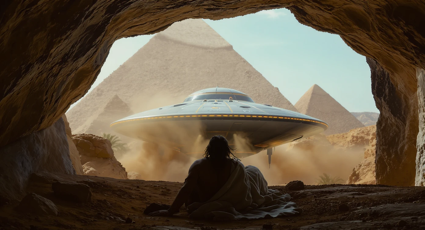 cinematic still, documentary photography, acient egypt, back shot of a man dress in ancient clothes in cave (frame in frame effect) on ground laying front of small ufo starship, palms, dynamic scane, leading lines, captured by arri alexa, depth layers, piramids in babckground emoji