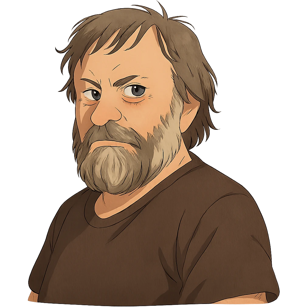 ghibli style portrait of Slavoj Žižek, no background emoji