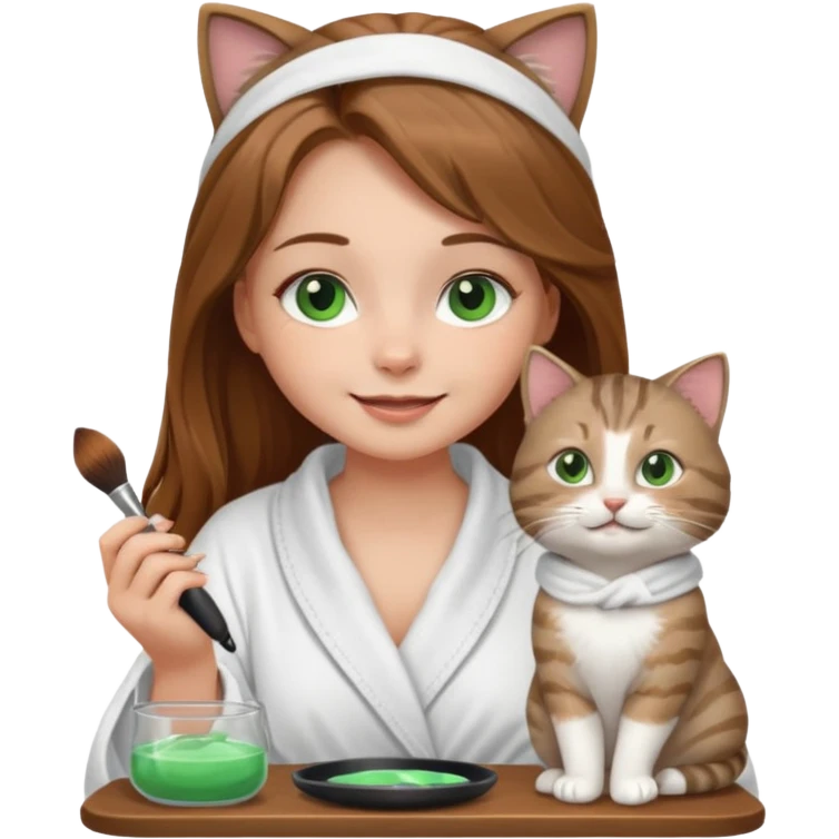 A image of a girl with light long brown hair wearing a bathrobe doing her makeup with her chubby grey tabby cat. She is smiling emoji