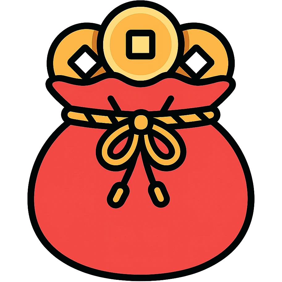 Chinese red pouch with golden Chinese coins sticking out, tied with a twisted golden cord, icon-color-outlined style, detailed shadows and highlights, thin clean contours, soft rounded shapes, pastel palette with emphasis on red and gold, modern Japanese pop-art and sticker aesthetic, high detail, soft lighting, transparent background emoji