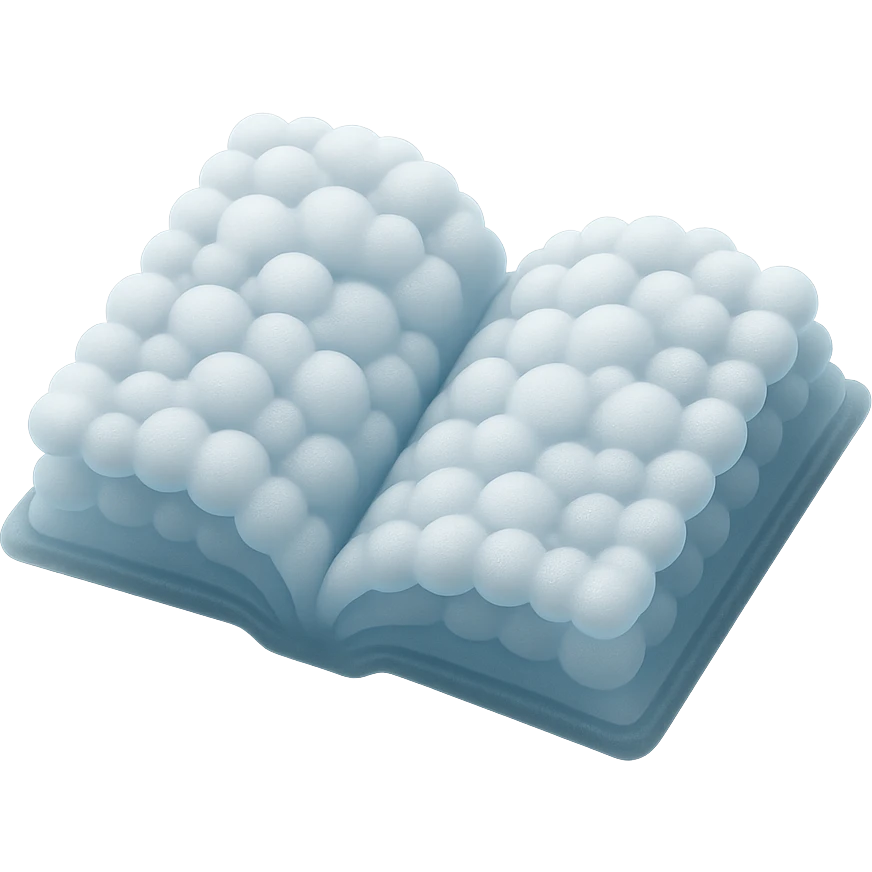 thick open book made entirely of small, very bright white fluffy convex clouds, matte glass style emoji