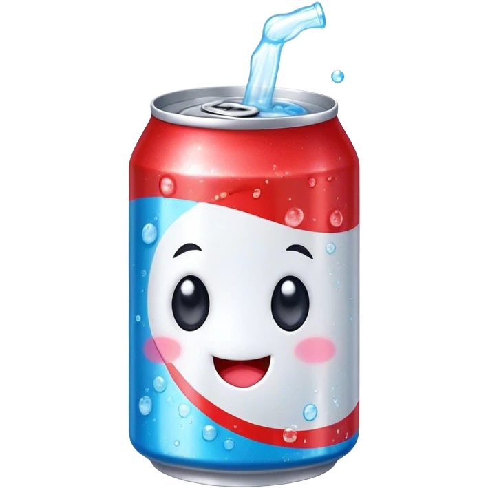 Cute Kawaii Soda Can, bubbly and vibrant, bright red and blue stripes, playful fizz popping around, a chubby happy face with wide sparkling eyes, energetic and refreshing! emoji