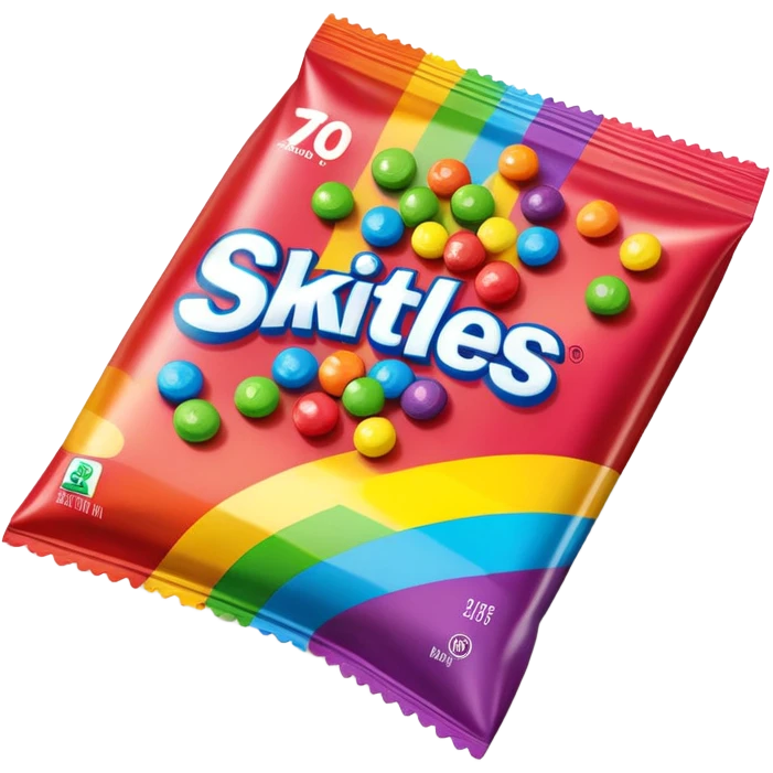 A damaged Skittles package repaired with strips of clear scotch tape, colorful packaging with rainbow colors, minimalist emoji