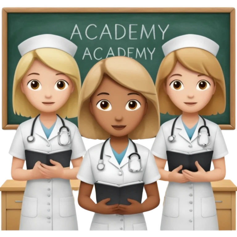 nurses in a classroom, "Academy" written in white on board emoji
