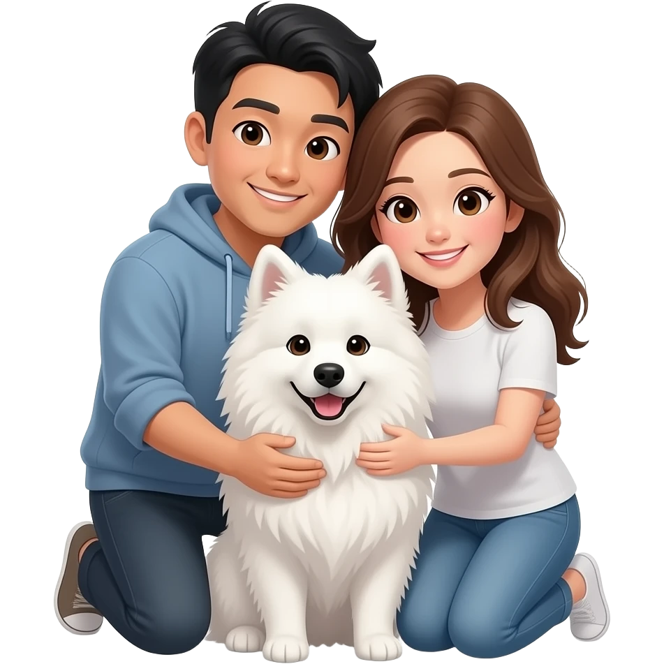 asian men and white woman with brown hair brown eye hug with samoyed emoji