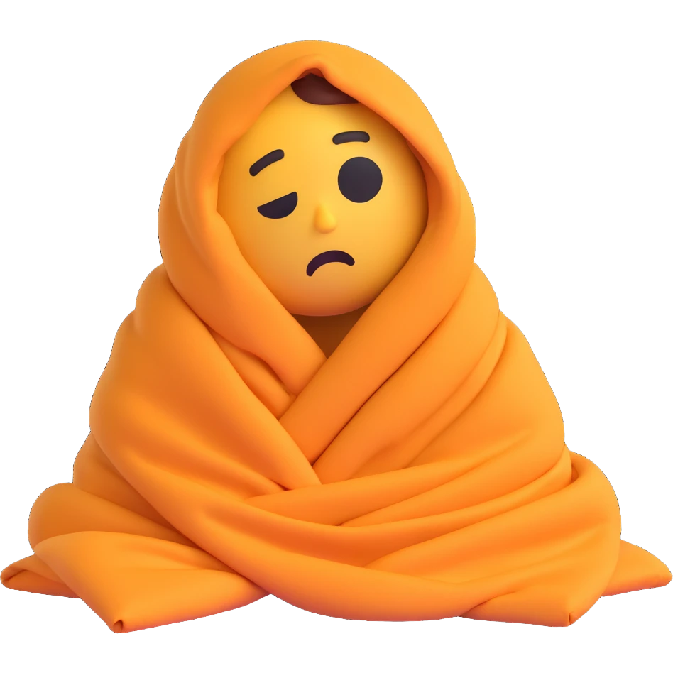 slouched tired emoji character wrapped in blanket on couch, heavy eyelids, looking unmotivated, thought bubble saying 'pfff…' emoji
