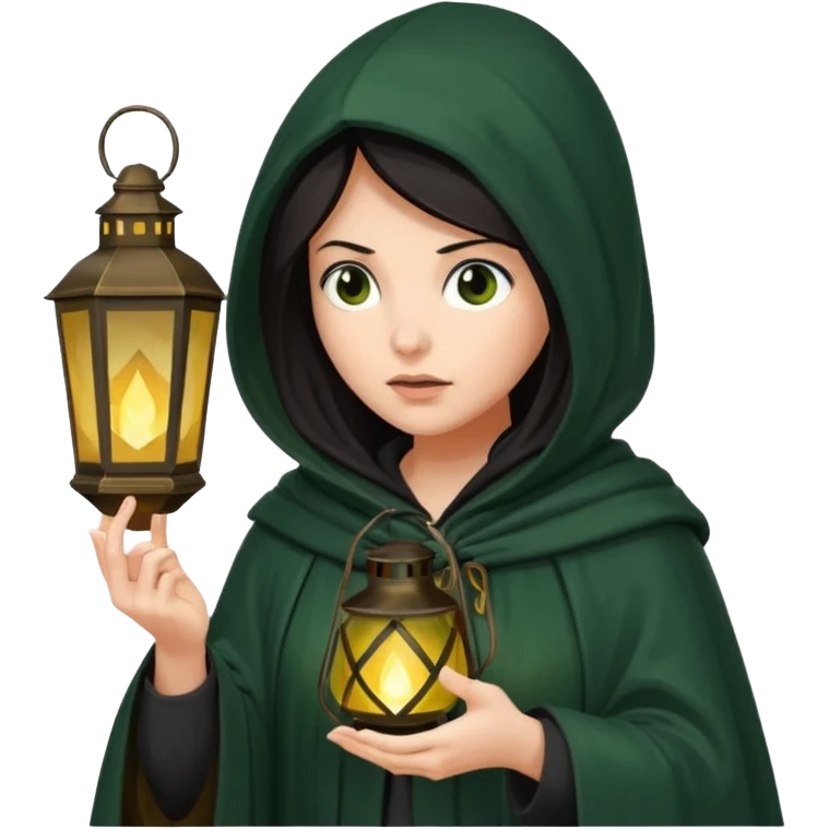 traitor tv show, dark haired woman wearing dark green cloak with hood up who looks very evil, is holding up a lantern, and looking down emoji