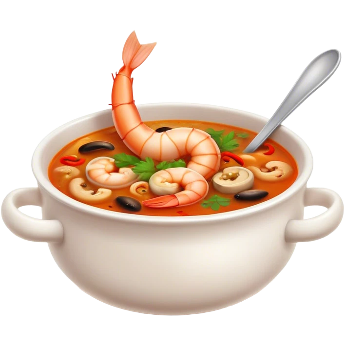 Cinematic Realistic Tom Yam Kung Soup Dish Emoji, showcasing a spicy, sour shrimp soup with herbs and mushrooms rendered with lifelike textures and bold, dynamic lighting. emoji