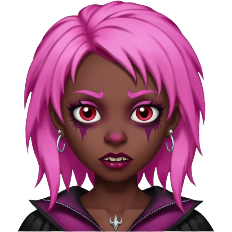 girl,darksinvampire, pink hair, very longhair , shaggy, dark, spooky,double eyebrow dermal piercing, creepy expression emoji