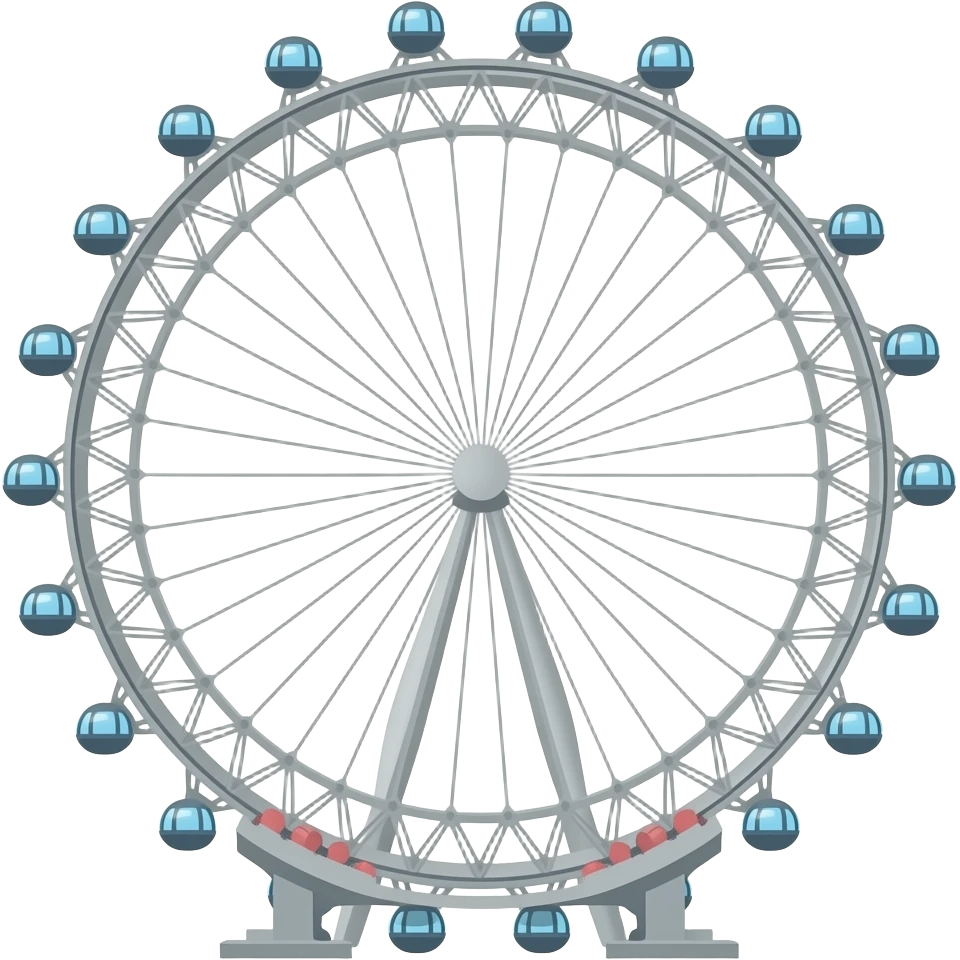 London Eye Ferris wheel only, isolated, centered, no background, no skyline, no river, no buildings, no scenery, no text, clear circular structure, delicate capsules, soft blue gray metal, iconic London landmark emoji