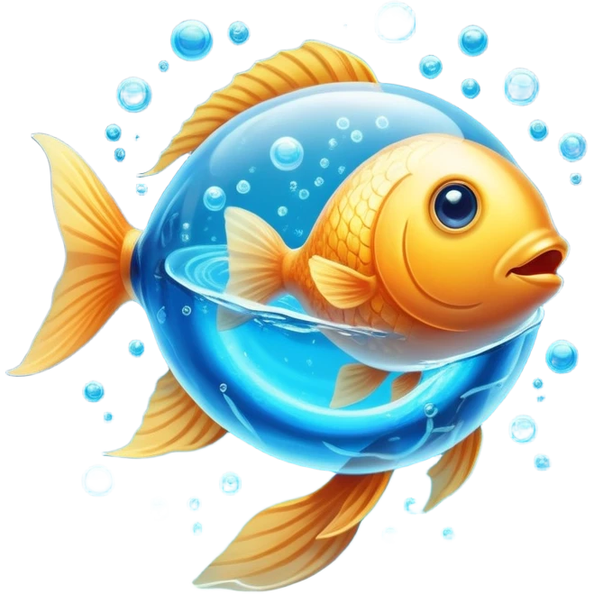 Golden fish in blue water transforming into an omega-3 capsule, with ethereal energy connecting to a heart and brain, showing the origin of omega-3 from fish emoji