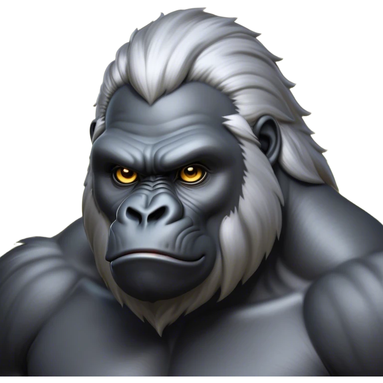 Cinematic Noble Silverback Gorilla Portrait Emoji, Poised and majestic, with a powerful, muscular frame accentuated by a distinguished silver mane and piercing, wise eyes, Simplified yet sharp and sophisticated features, highly detailed, glowing with a soft, regal jungle glow, high shine, intelligent and commanding, stylized with an air of imperial strength, focused and resolute, soft glowing outline, capturing the essence of a watchful guardian that feels as though it could step out of the screen with effortless authority! emoji