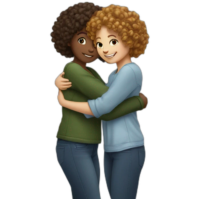 two friends girls with curly hair hugging emoji