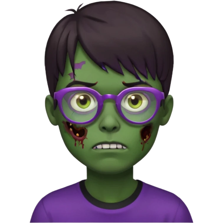 Menino zumbi com cabelo castanho escuro com franja, olhos castanhos, camisa preta larga, pele verde e óculos lilás emoji