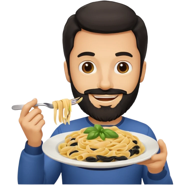 White man with black beard holding a plate of pasta smiling  emoji