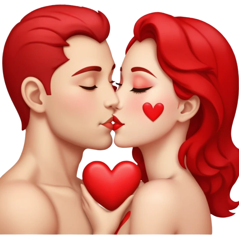 Two people sharing a passionate kiss with heart symbols around them emoji