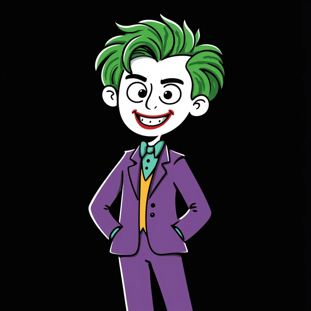 The Joker villain full body with green hair, purple suit, white face, red lips, maniacal laugh emoji